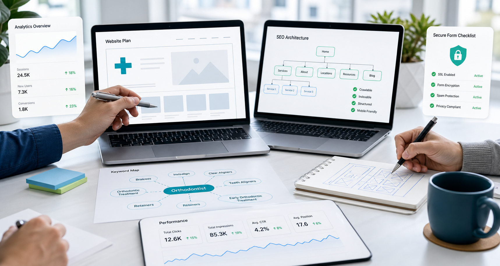 Healthcare digital strategy workspace with website wireframes, SEO planning, analytics, and privacy-conscious form planning