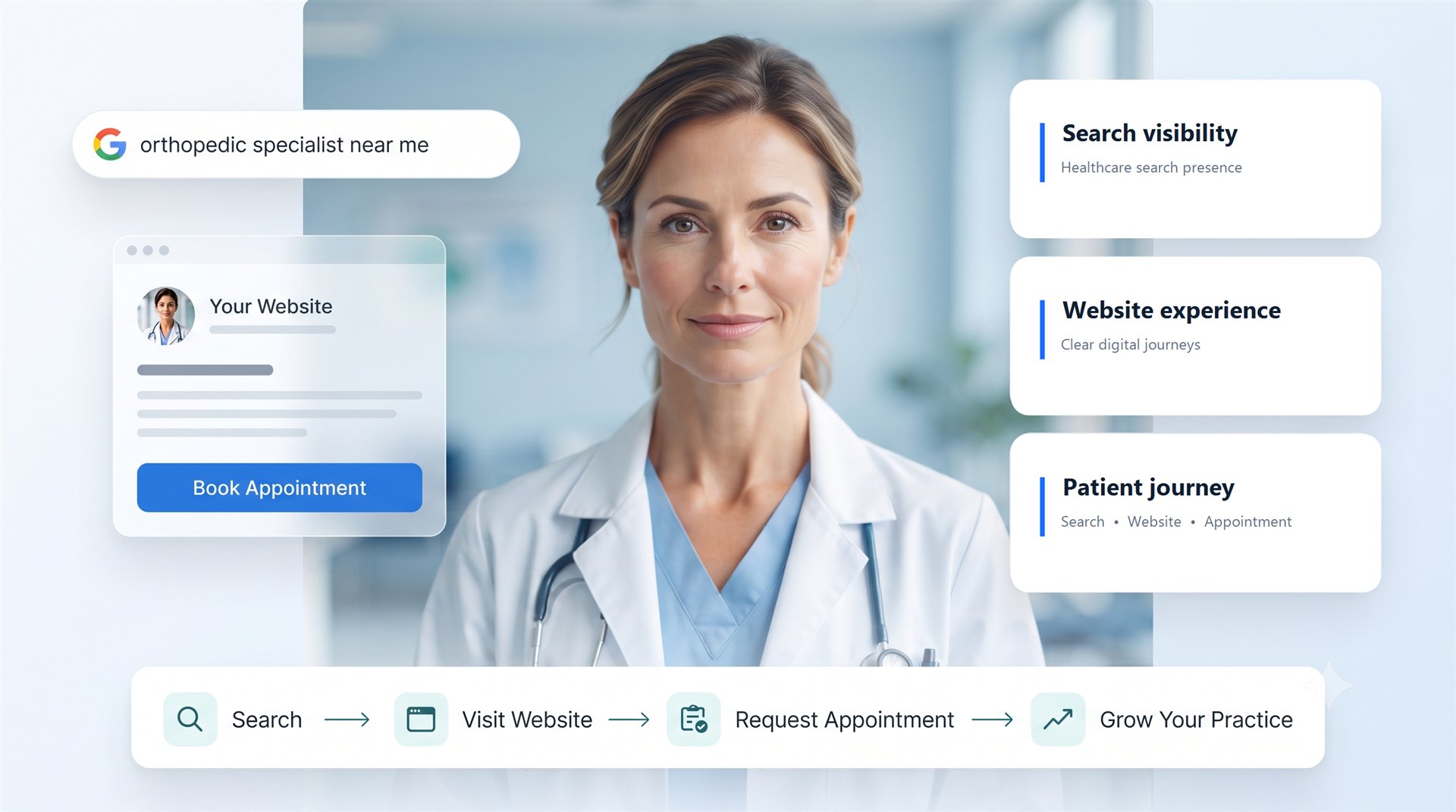 Healthcare patient journey with search, website, appointment, visibility, and experience reviews
