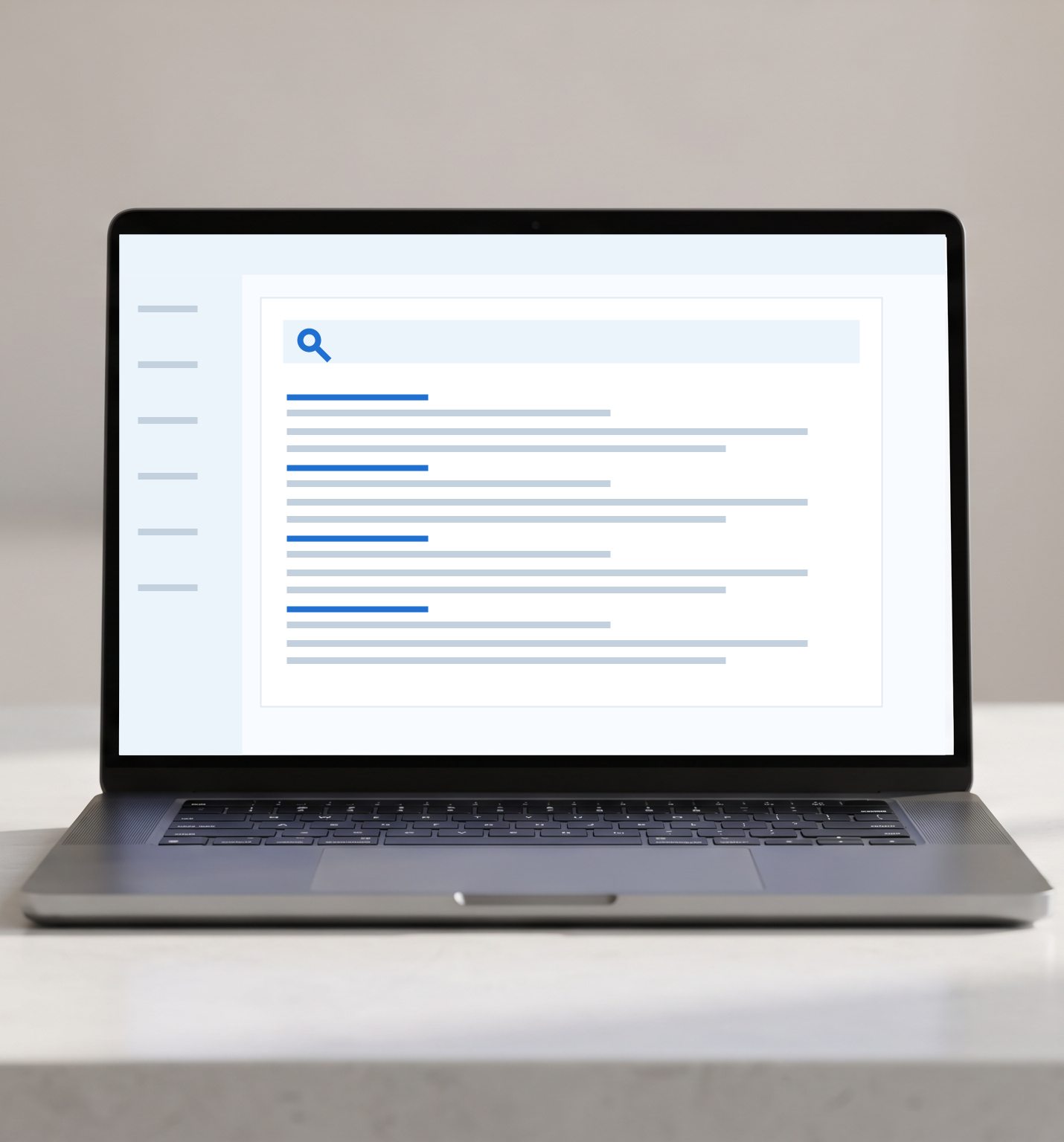 Illustrative healthcare search results interface on a laptop